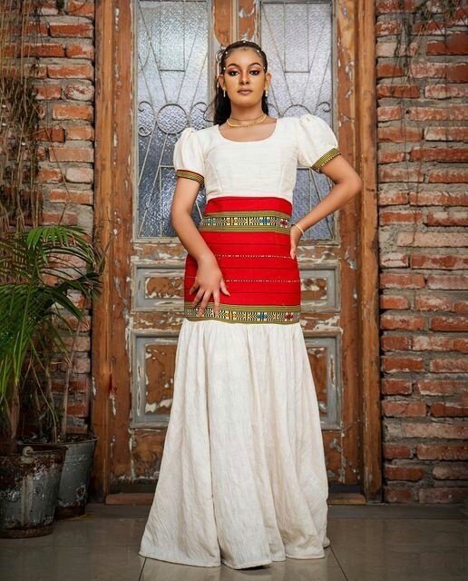 Shape Habesha Dress Red Tilf Waistline Habesha Kemis Modern Ethiopian Dress