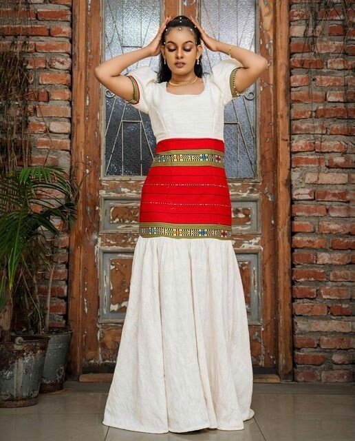 Shape Habesha Dress Red Tilf Waistline Habesha Kemis Modern Ethiopian Dress