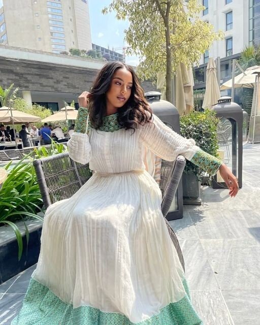 Majestic Shimena Habesha Kemis Beautiful Tilf Neckline Habesha Dress Menen Ethiopian Clothing