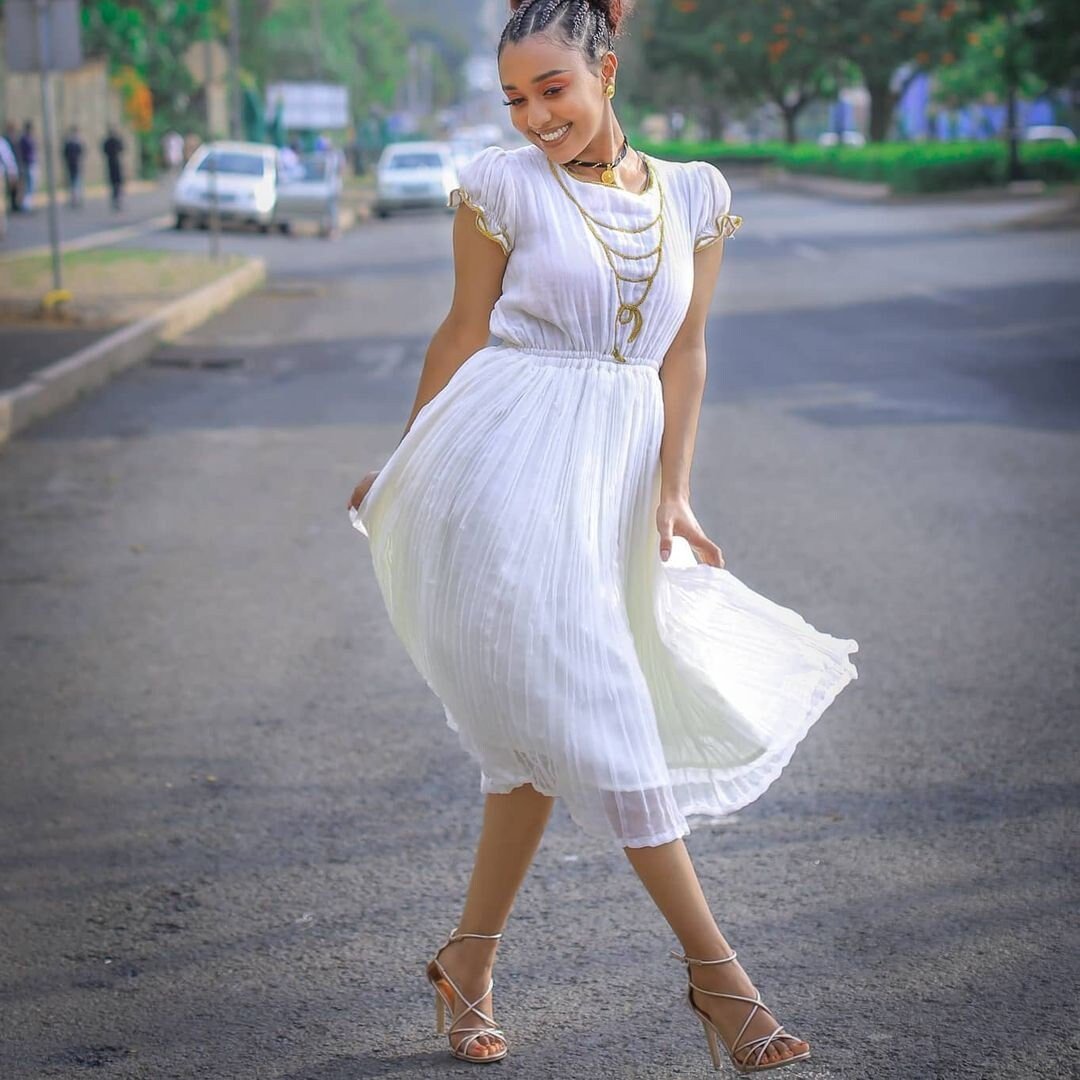 White Minimalist Menen Habesha Dress Pure Elegance Habesha Kemis Handwoven Ethiopian Dress