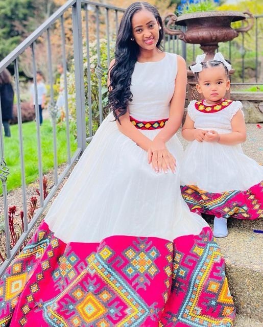 The Menen Shimena Delight: A Colorful Habesha Dress with Tilf Embroidery at the Waist, Habesha Kemis, Eritrean dress, ሀበሻ