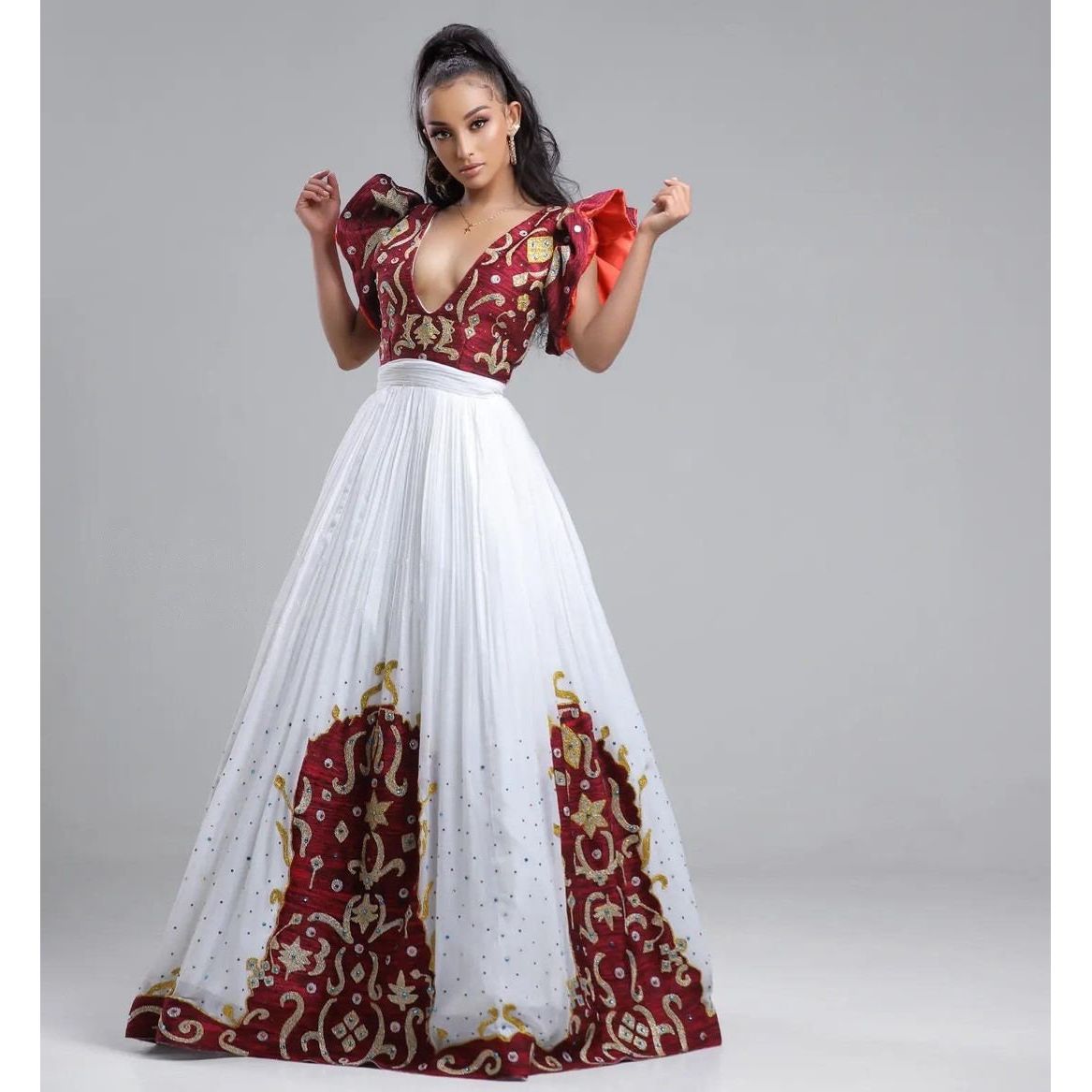 A Menen Fabric Habesha Kemis with Shimena Top, Beaded Accents, and Tilf Hem , Habesha Kemis, Eritrean dress, αα α»