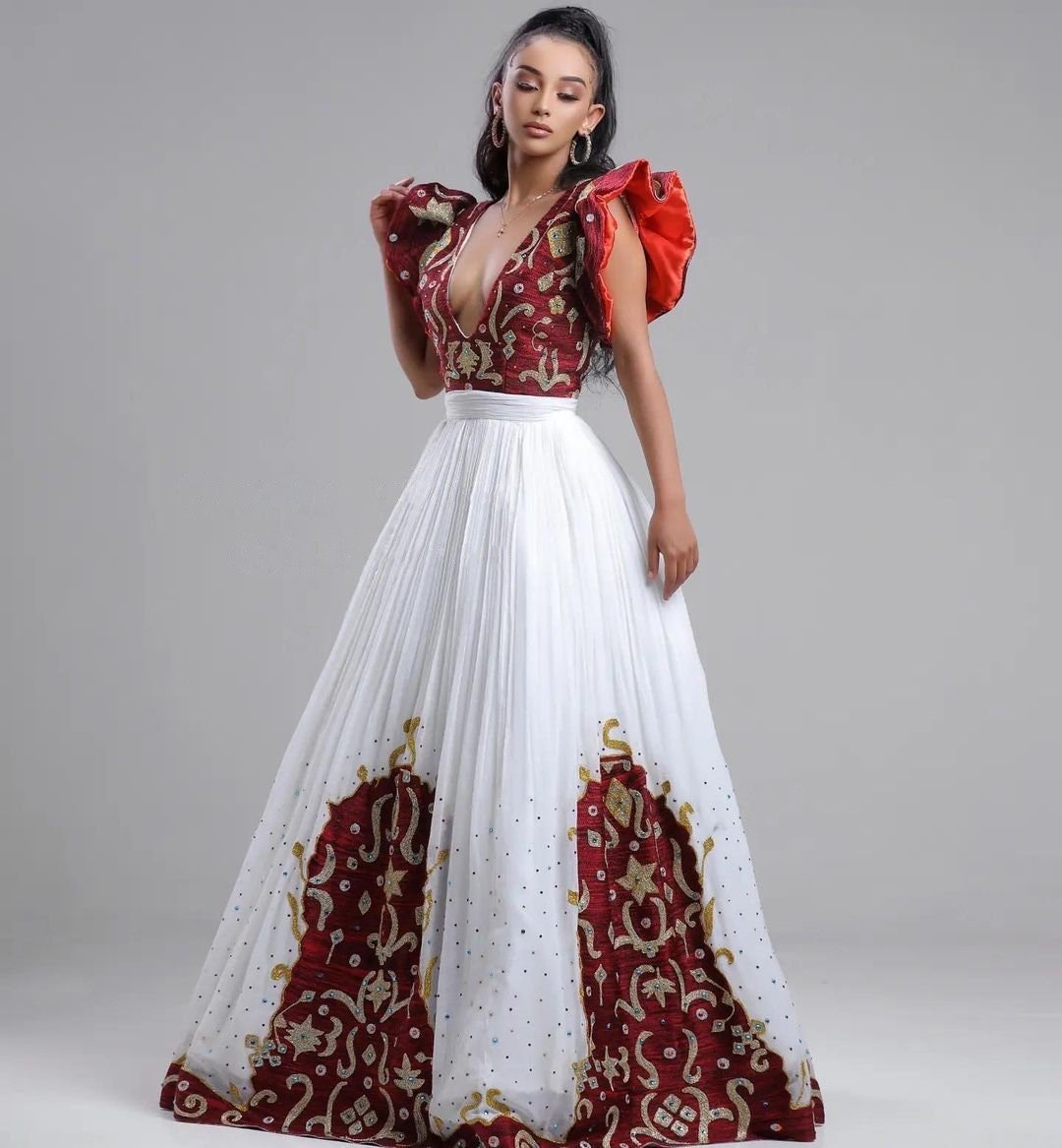 A Menen Fabric Habesha Kemis with Shimena Top, Beaded Accents, and Tilf Hem , Habesha Kemis, Eritrean dress, αα α»
