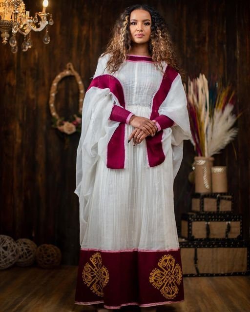 A Beautiful Vibrant Habesha Kemis with Rich Color Embroidery, Ethiopian Traditional Dress, Eritrean Dress, Zuria, Tilf, Tibeb, Hager