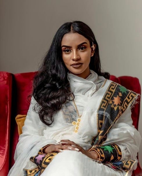 A Stunning Shimena Ethiopian Traditional Dress With Menen Fabric and Beautiful Tilf Design, Habesha dress, Habesha kemis, ሀበሻ, Eritrean