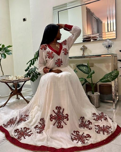 Vibrant Red Shimena Habesha Dress with Beautiful Tilf Design, Habesha dress, Habesha kemis, Eritrean dress, Kemis, ሀበሻ