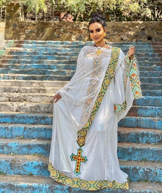 Stunning Ethiopian traditional dress: Graceful Menen with Beautiful Tilf, Habesha dress, Habesha kemis, Eritrean dress, Kemis, ሀበሻ