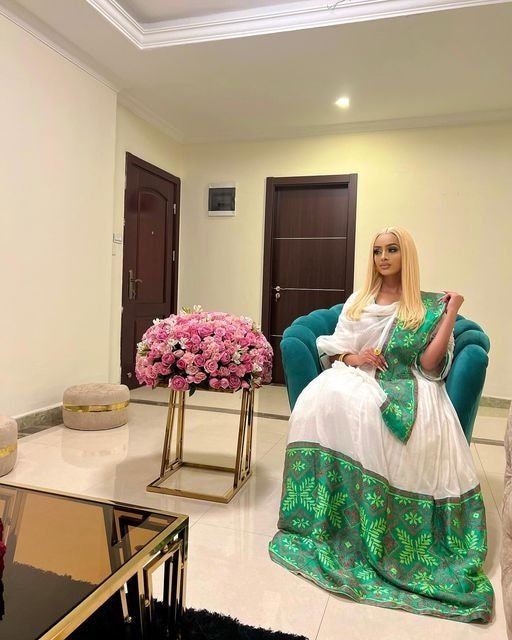 Enchanting Green Tilf Shimena Habesha Kemis with Intricate Design, Habesha dress, Habesha kemis, Eritrean dress, Kemis, ሀበሻ