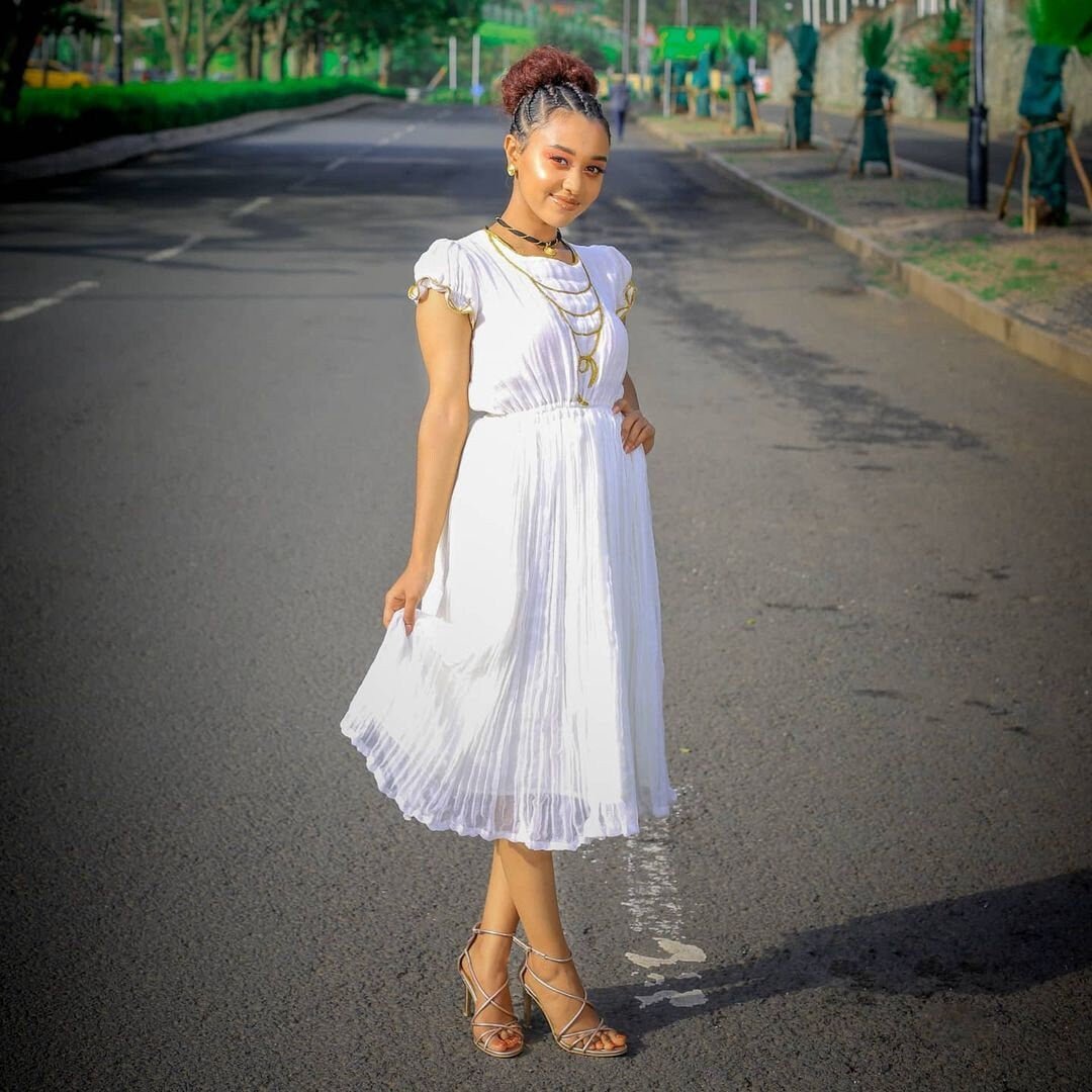 White Minimalist Menen Habesha Dress Pure Elegance Habesha Kemis Handwoven Ethiopian Dress