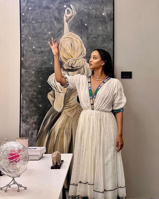 Modern Elegance: A Handwoven Shimena and Menen Fabric Habesha Dress with Exquisite Tilf Embroidery, Habesha Kemis, Eritrean dress, αα α»