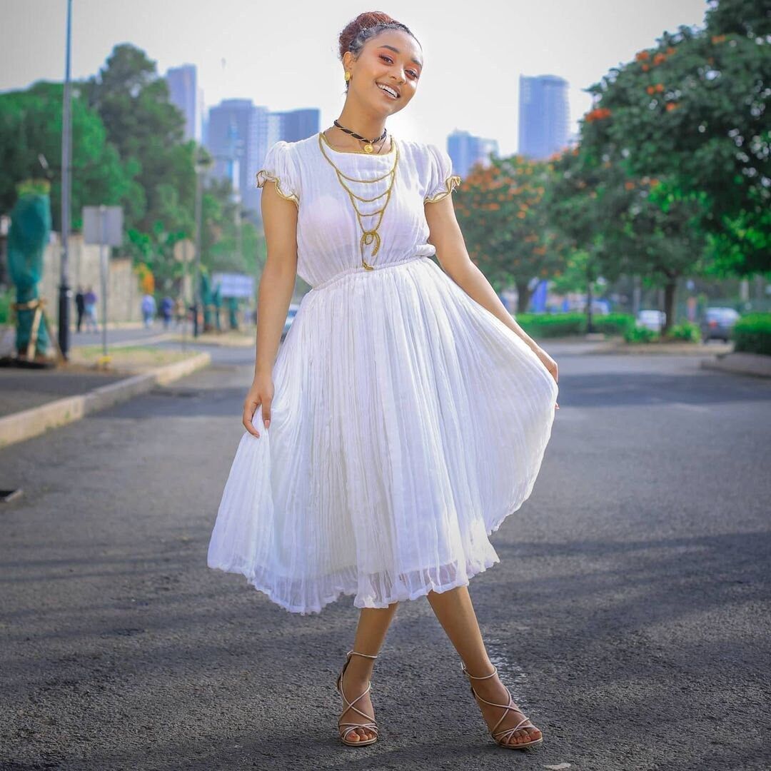 White Minimalist Menen Habesha Dress Pure Elegance Habesha Kemis Handwoven Ethiopian Dress