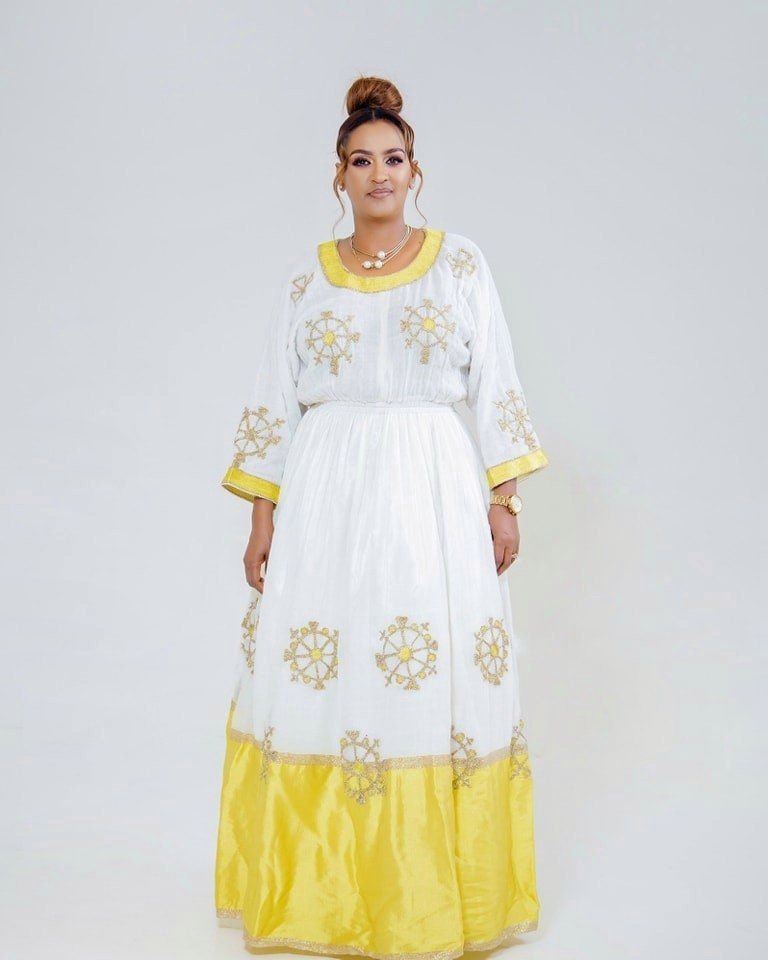 Chic Habesha Kemis with Menen Fabric, Shimena Bottom, and Tilf Dress ,Habesha dress, Eritrean dress, ሀበሻ