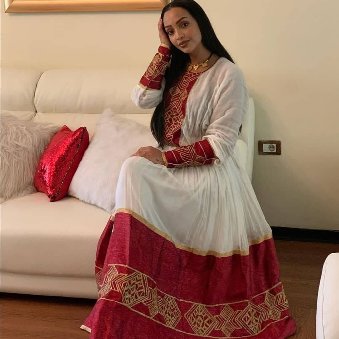 Beautiful Vibrant Shimena Dress with Tilf Embroidery, Habesha dress, Habesha Kemis, Eritrean dress, αα α»