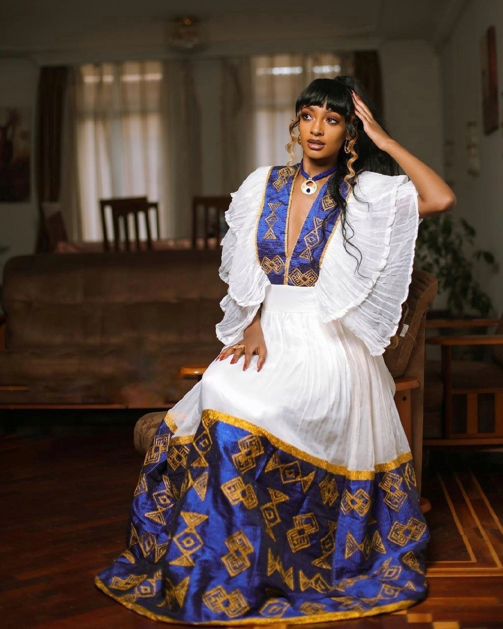 Blue wide tilet habesha kemis design