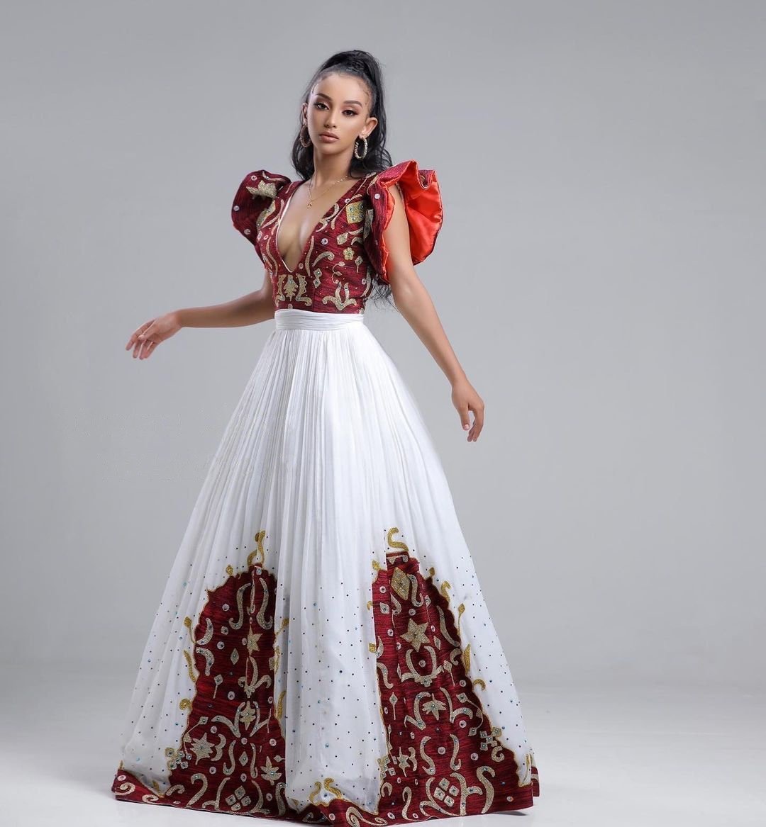 A Menen Fabric Habesha Kemis with Shimena Top, Beaded Accents, and Tilf Hem , Habesha Kemis, Eritrean dress, αα α»