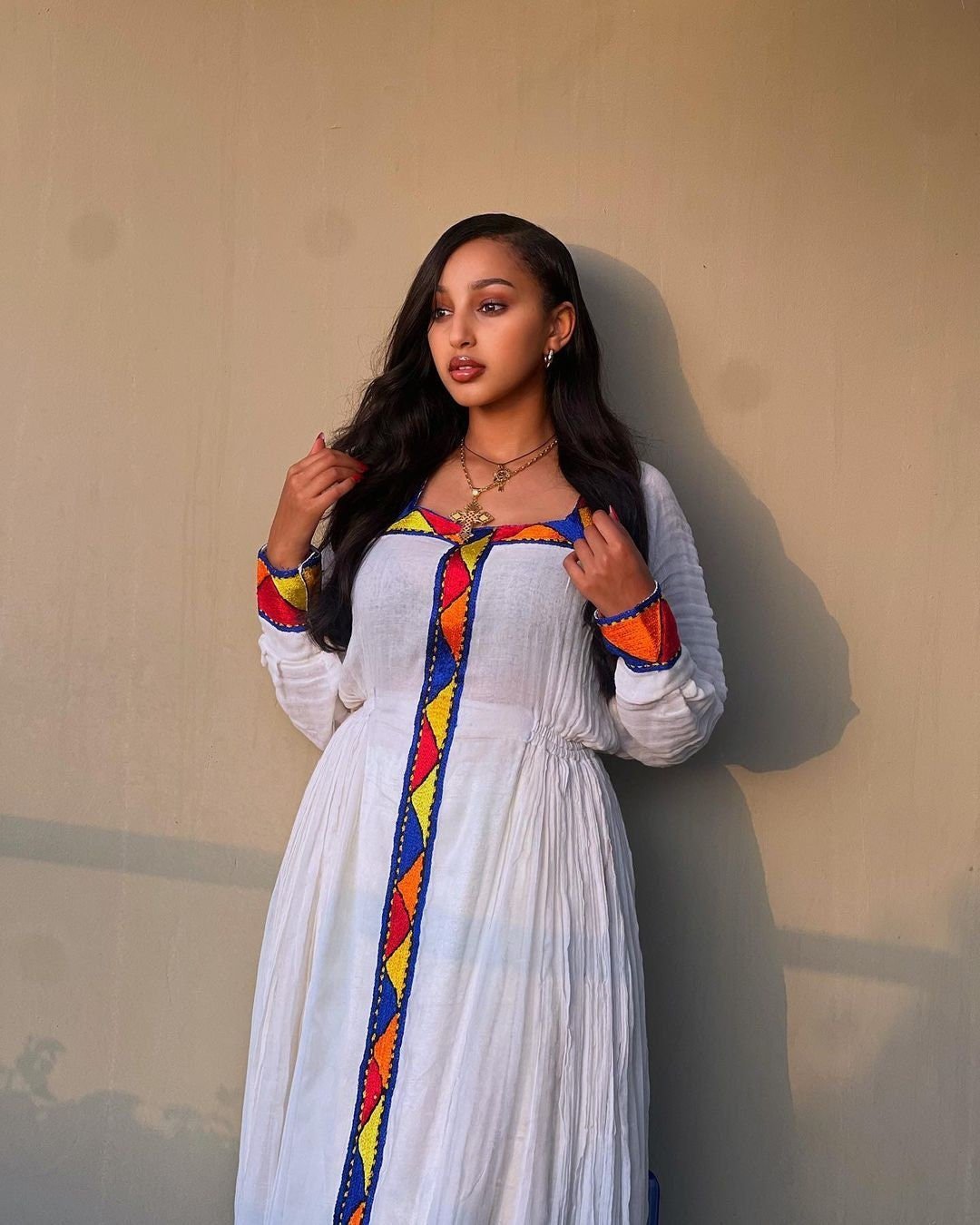 The Simple Shimena Habesha Dress with Tilf Accents and Menen Fabric, habesha libs, habesha kemis, ሀበሻ
