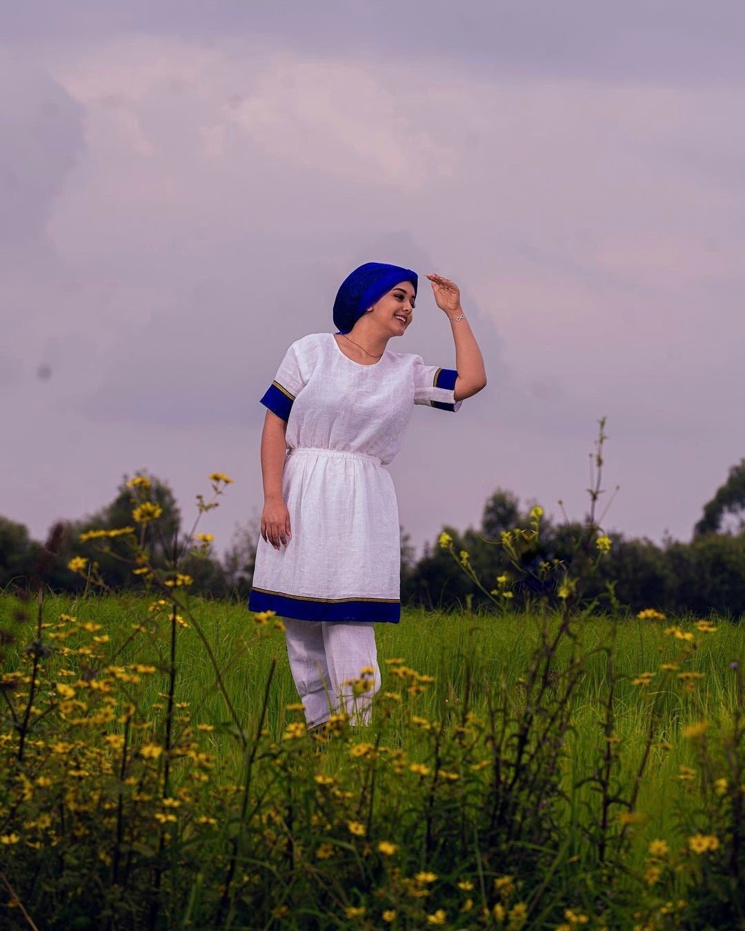 Guraghe Traditional Cloth Blue Design Ethiopian Clothing 2-Piece Gurage Dress and Pants