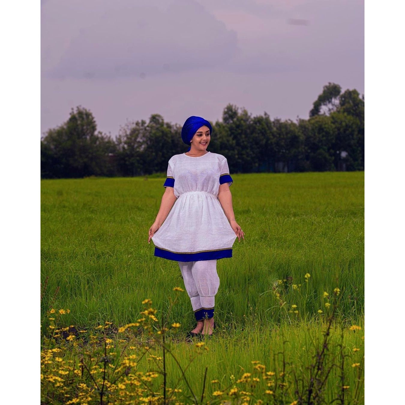 Guraghe Traditional Cloth Blue Design Ethiopian Clothing 2-Piece Gurage Dress and Pants