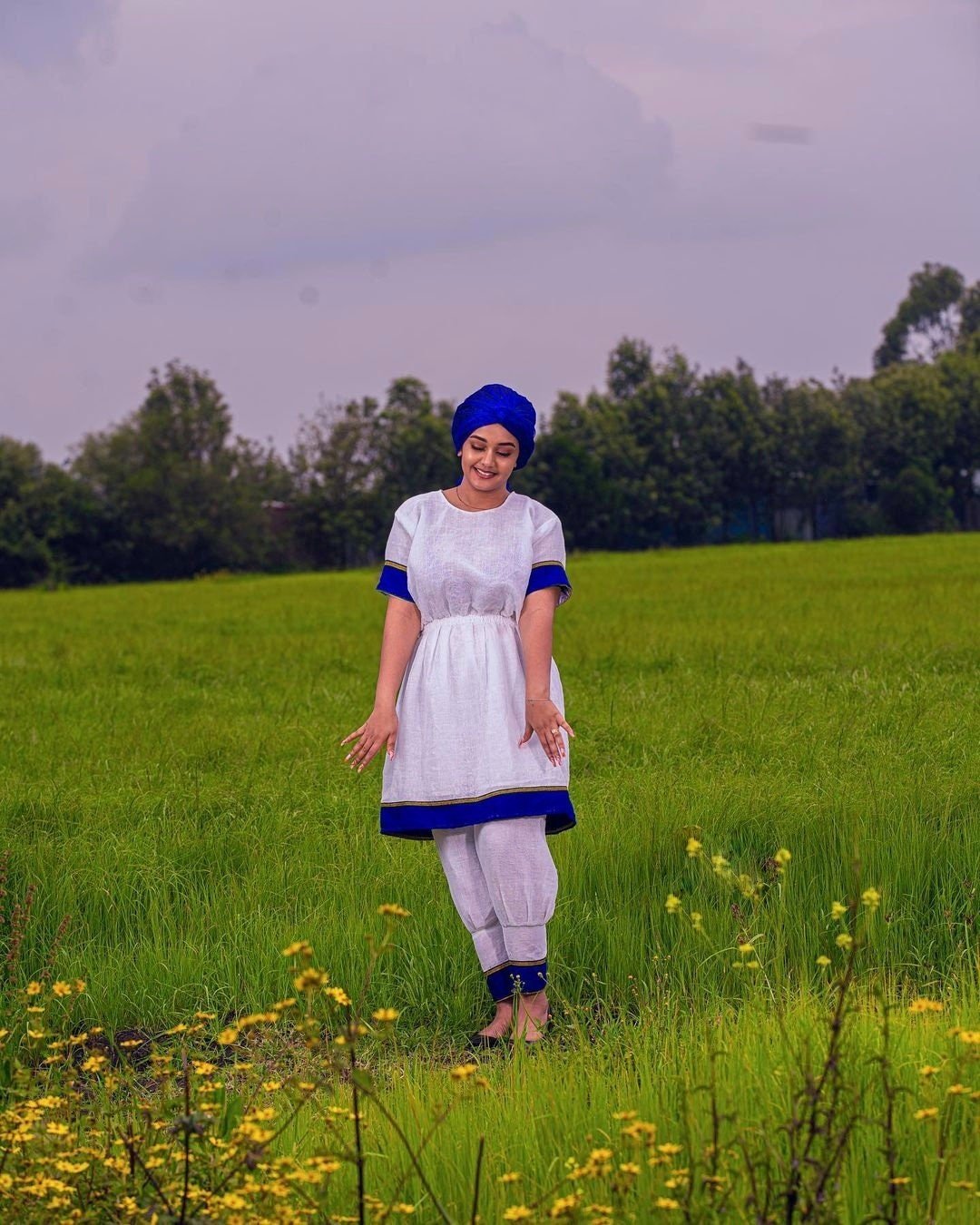 Guraghe Traditional Cloth Blue Design Ethiopian Clothing 2-Piece Gurage Dress and Pants