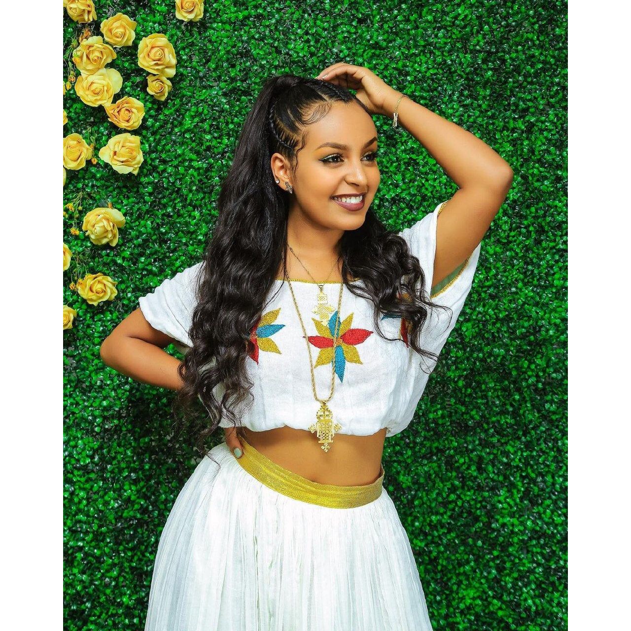 A Beautiful Habesha Kemis with Intricate Tilf Embroidery and Rich Menen Fabric with Tilet, Habesha Kemis, Eritrean dress, αα α»