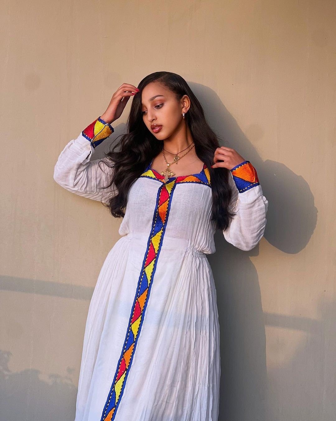 The Simple Shimena Habesha Dress with Tilf Accents and Menen Fabric, habesha libs, habesha kemis, ሀበሻ