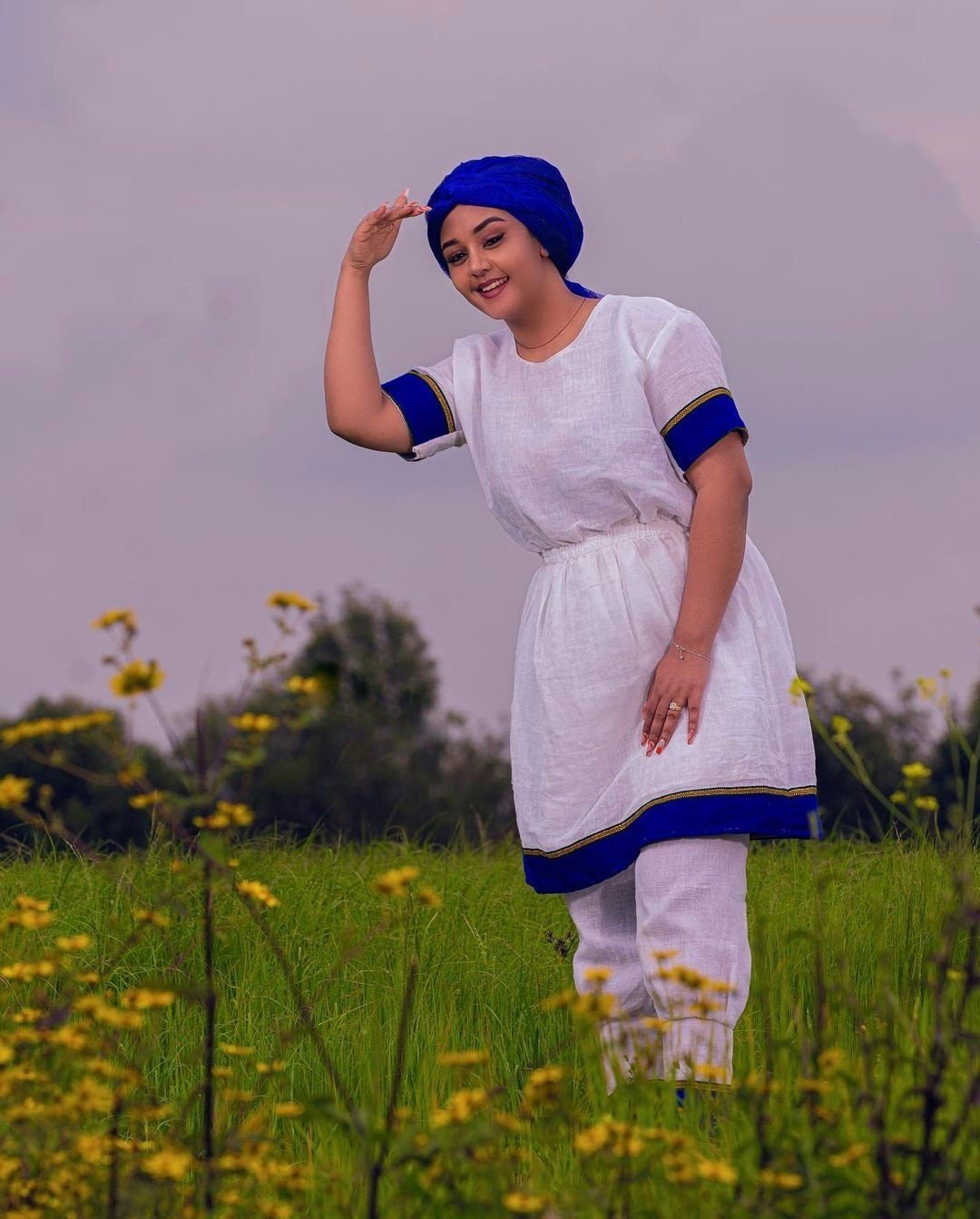 Guraghe Traditional Cloth Blue Design Ethiopian Clothing 2-Piece Gurage Dress and Pants