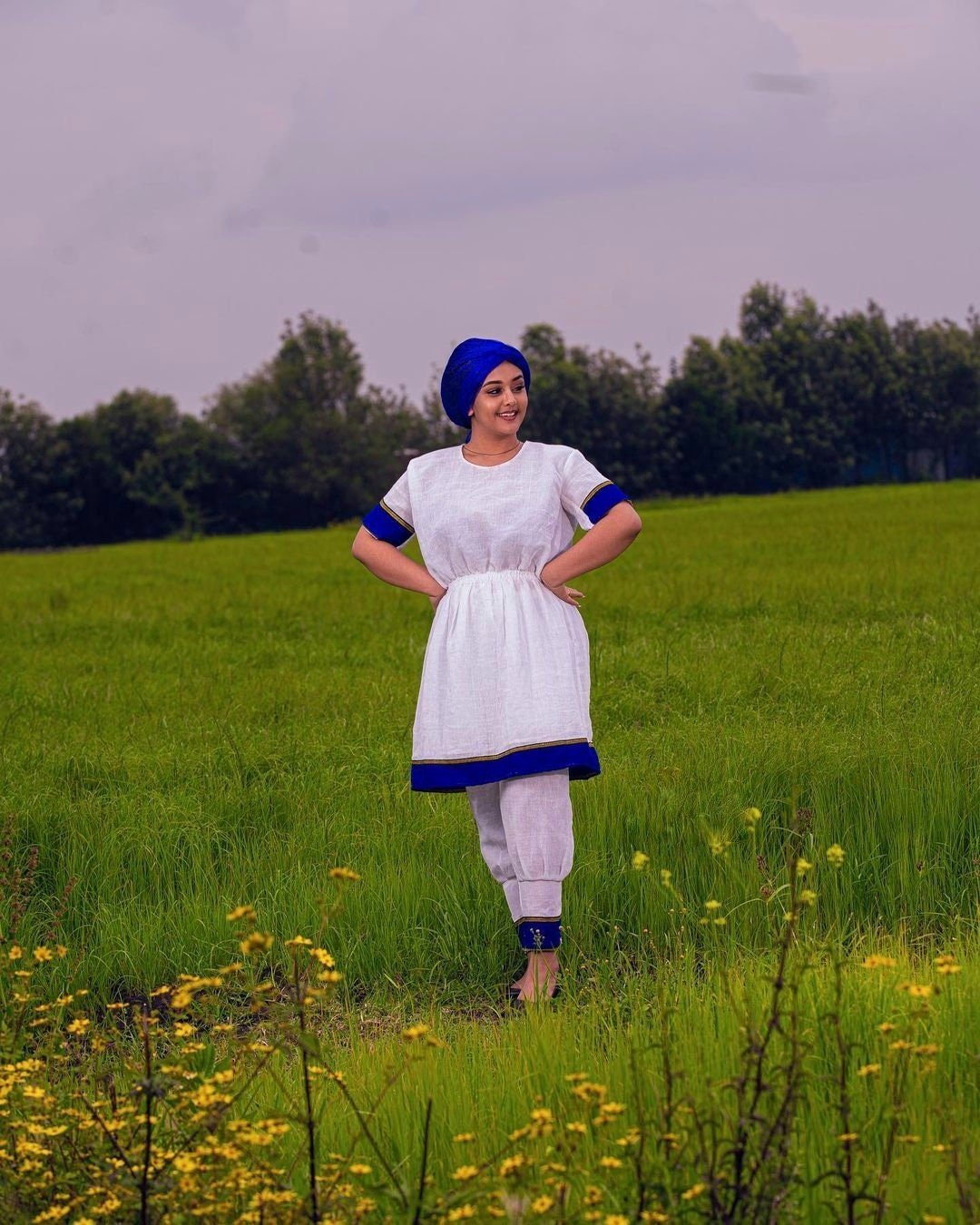 Guraghe Traditional Cloth Blue Design Ethiopian Clothing 2-Piece Gurage Dress and Pants