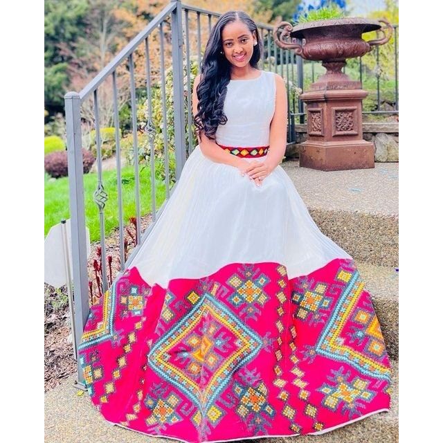 The Menen Shimena Delight: A Colorful Habesha Dress with Tilf Embroidery at the Waist, Habesha Kemis, Eritrean dress, ሀበሻ
