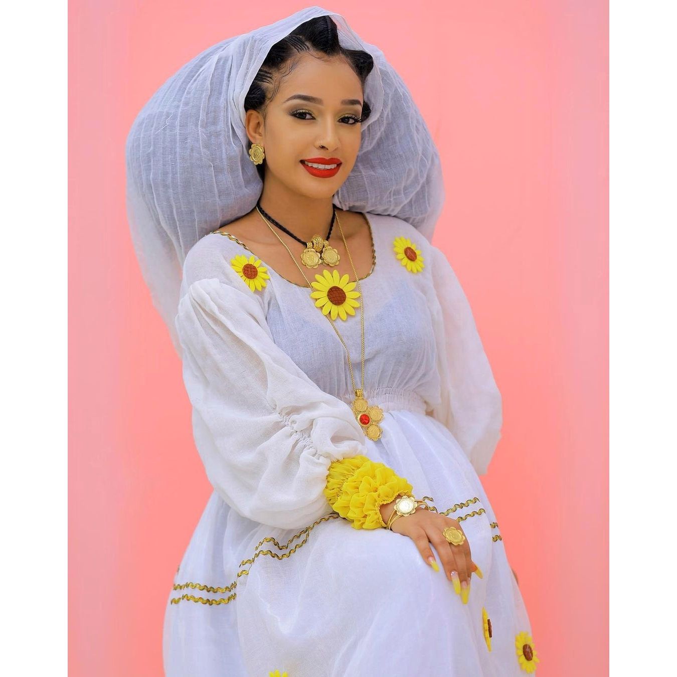 Yellow Habesha Dress for New Year | Sunflower Design Ethiopian Outfit S Yellow Habesha Dress for New Year | Sunflower Design Ethiopian Outfit S