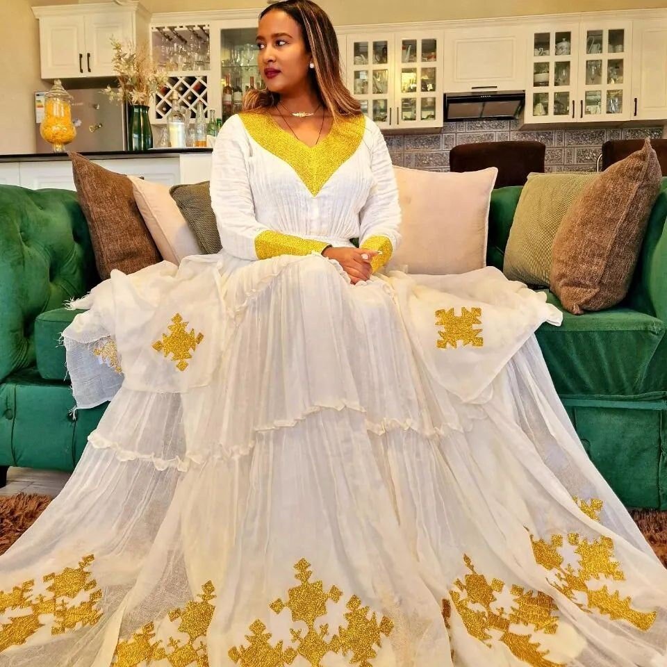 Yellow Habesha Dress Ethiopian Dress Women's Dress Habesha Kemis Eritrean Dress Women's Style ሀበሻ ቀሚስ ሀበሻ ልብስ