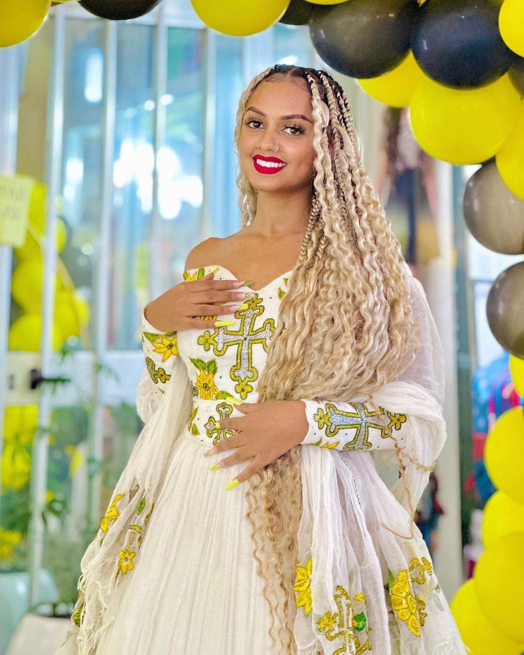 Yellow design Ethiopian dress habesha dress for new year's