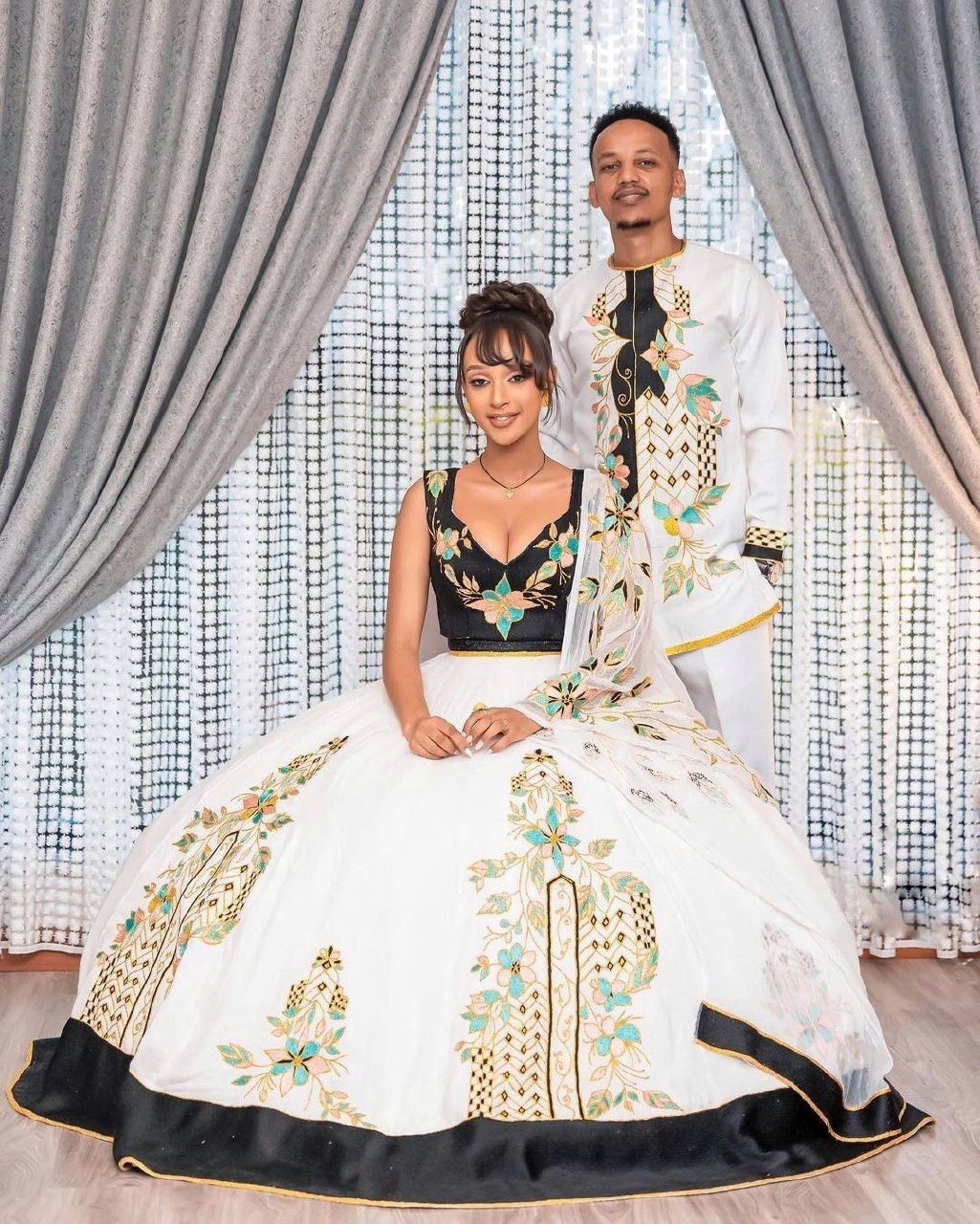 Black design Wedding Outfit Habesha Couple's Outfit Habesha Dress Habesha Kemis ሀበሻ ቀሚስ ሀበሻ ልብስ