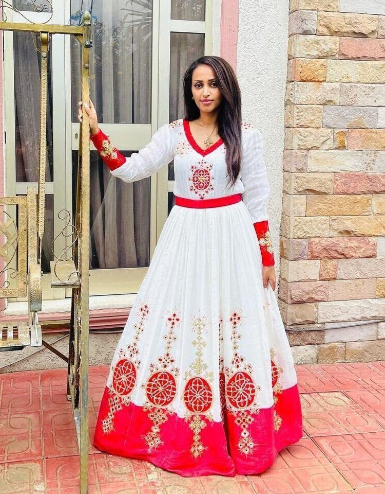 Mesmerizing Red Design Handwoven Habesha Dress Habesha Libs es0084