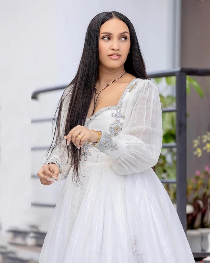 Handwoven Modern Ethiopian Wedding Dress: Majestic Silver Embellishments Habesha Wedding Dress