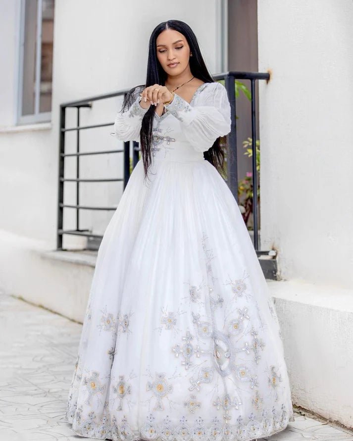 Handwoven Modern Ethiopian Wedding Dress: Majestic Silver Embellishments Habesha Wedding Dress