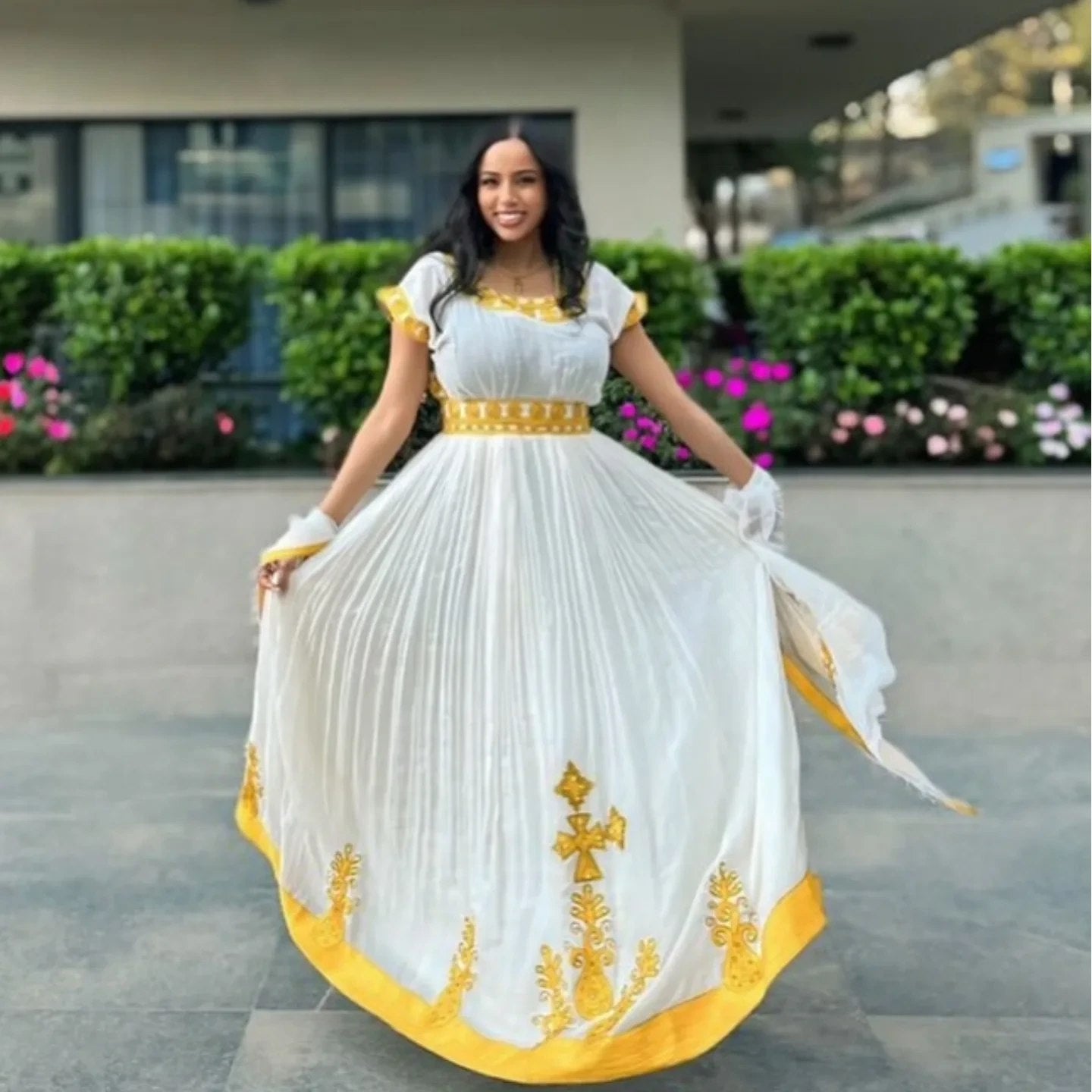 White & Gold Ethiopian Habesha Kemis | Traditional Cultural Dress with Netela