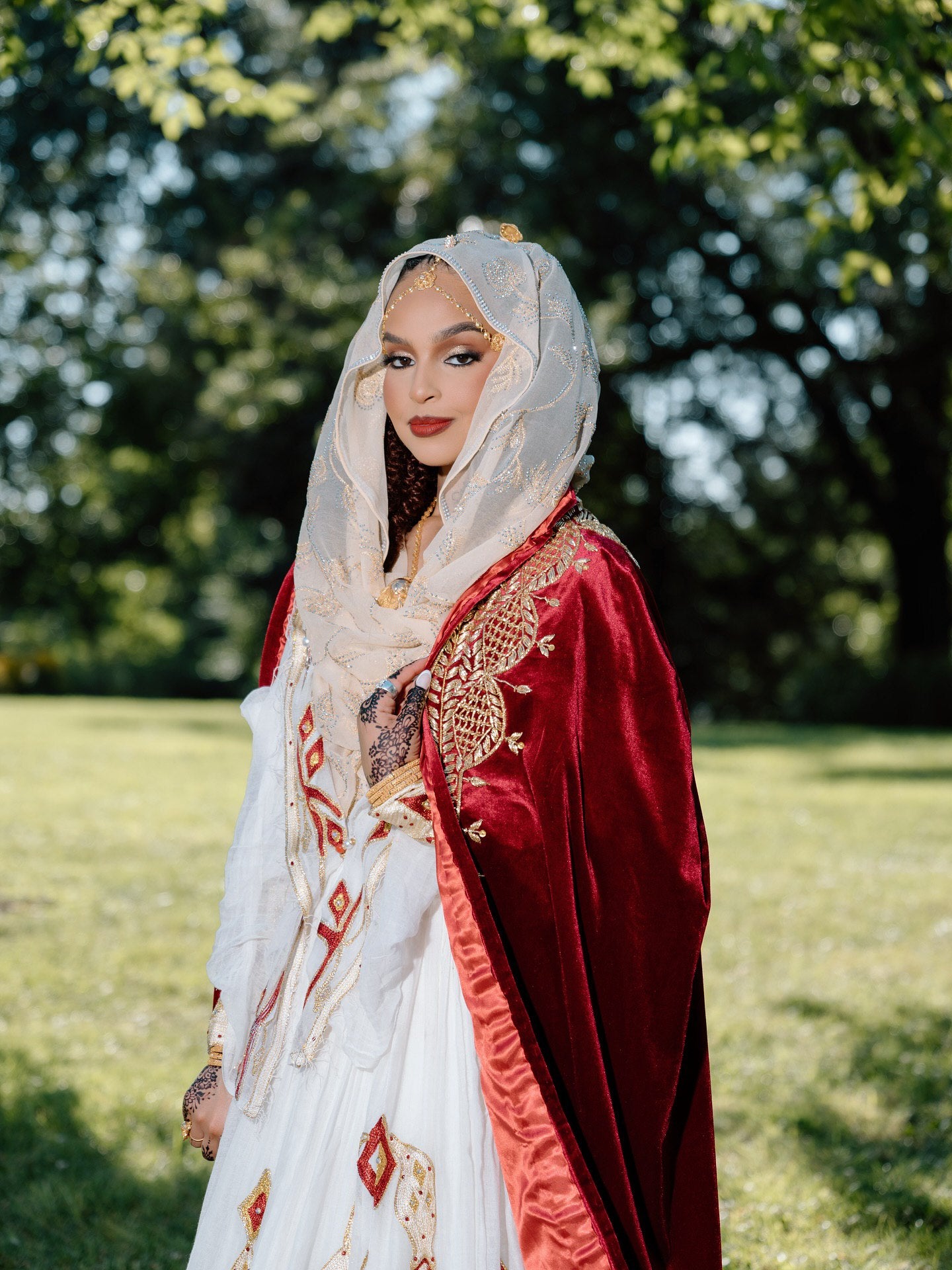 Matching Royal Ethiopian Wedding Attire Traditional His & Hers Cultural Set Red And White Embroidery Habesha Couple's Outfit 0087