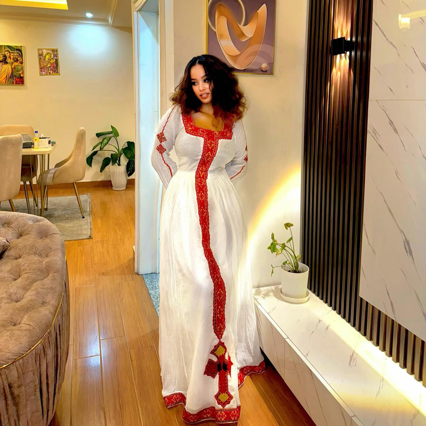 Ethiopian Habesha Kemis with Red Cross Motif Traditional White Habesha Dress Beautiful Ethiopian Cloth For Festive 0094