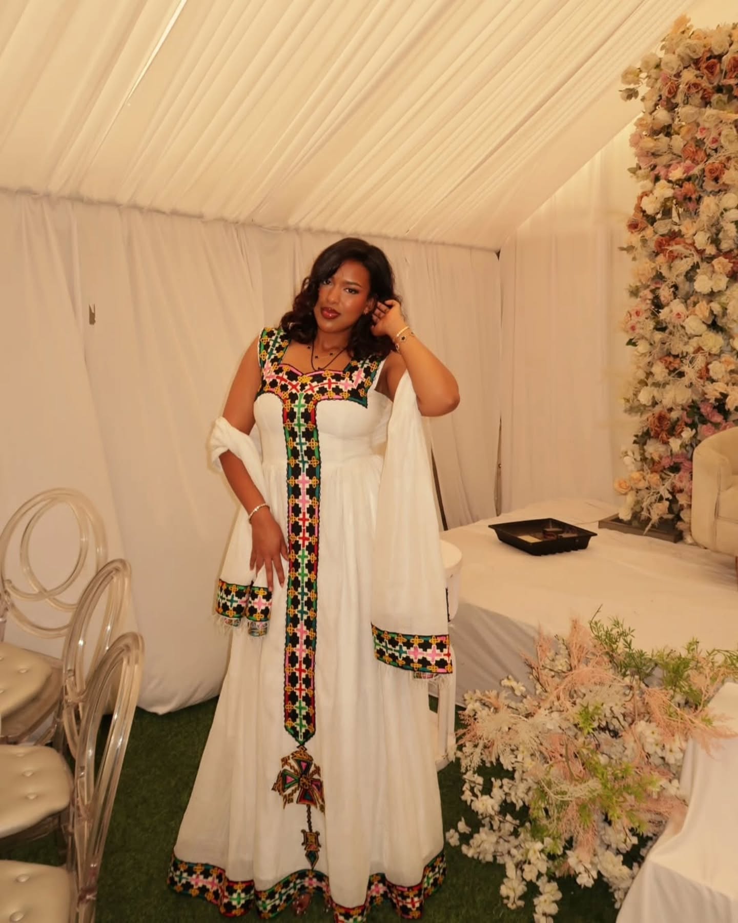 Colorful Habesha Kemis - Traditional Ethiopian Dress with Cross & Tibeb Design