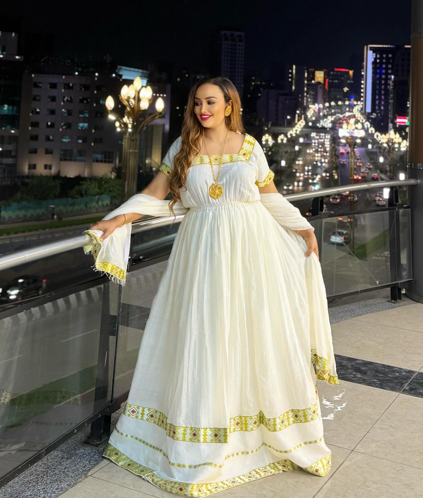 Elegant Habesha Kemis β White Ethiopian Dress with Yellow Tibeb Design