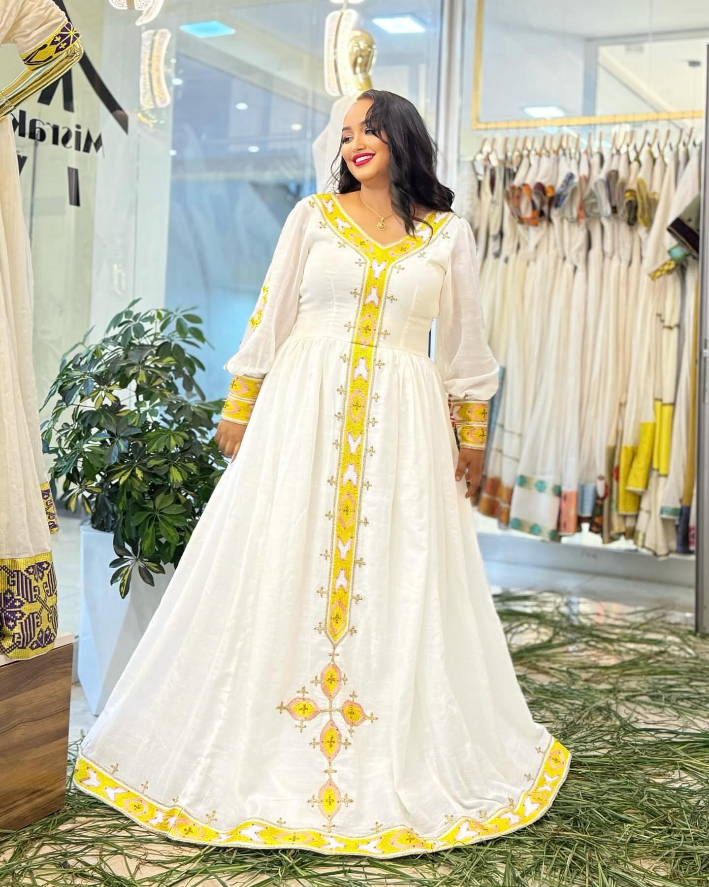 Yellow & White Habesha Kemis Traditional Ethiopian Clothing Cross Design Habesha Dress 108