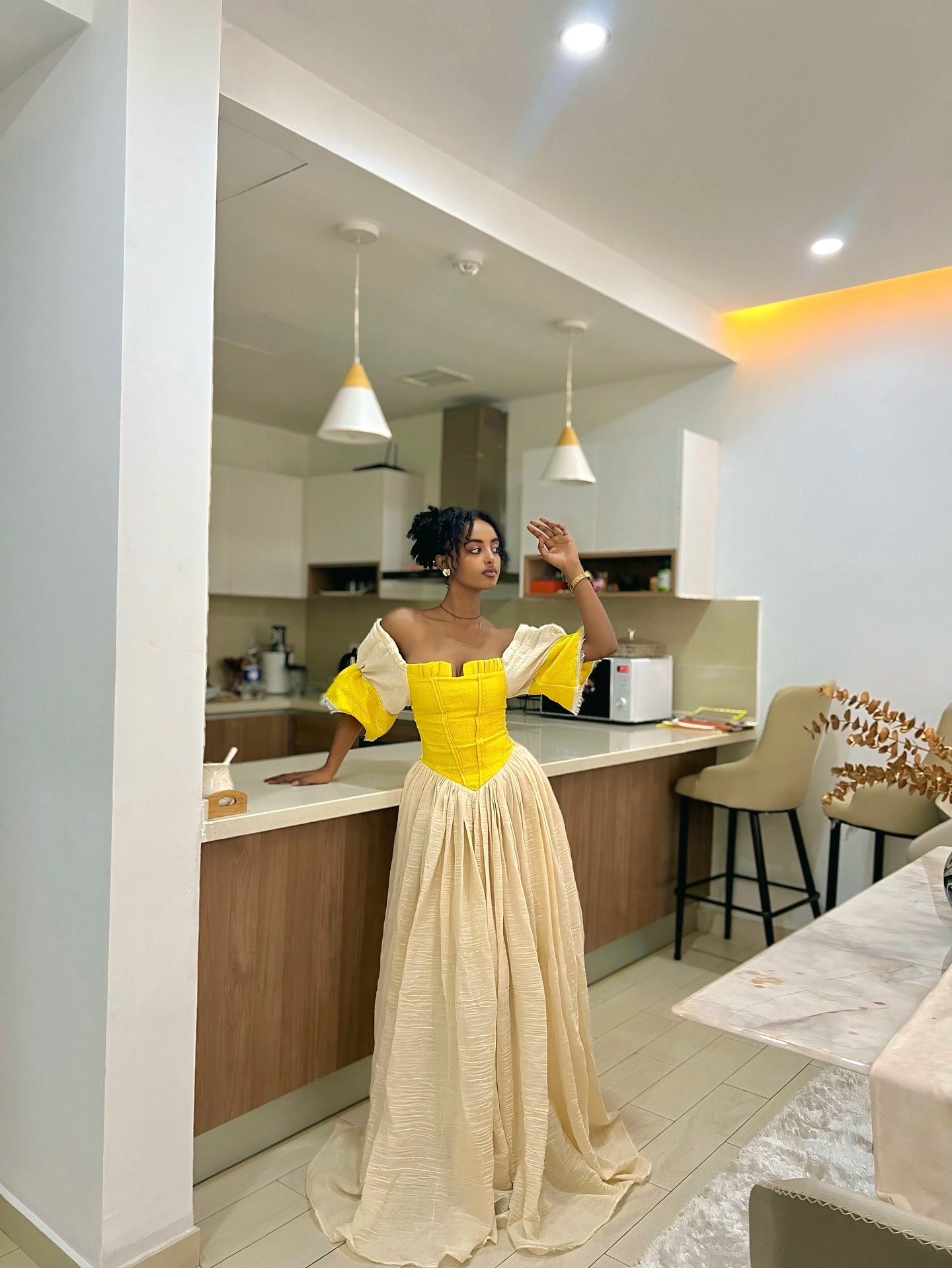 modern yellow dress Modern Yellow Off-Shoulder Habesha Dress Ethiopian & Eritrean Inspired Elegance XXL