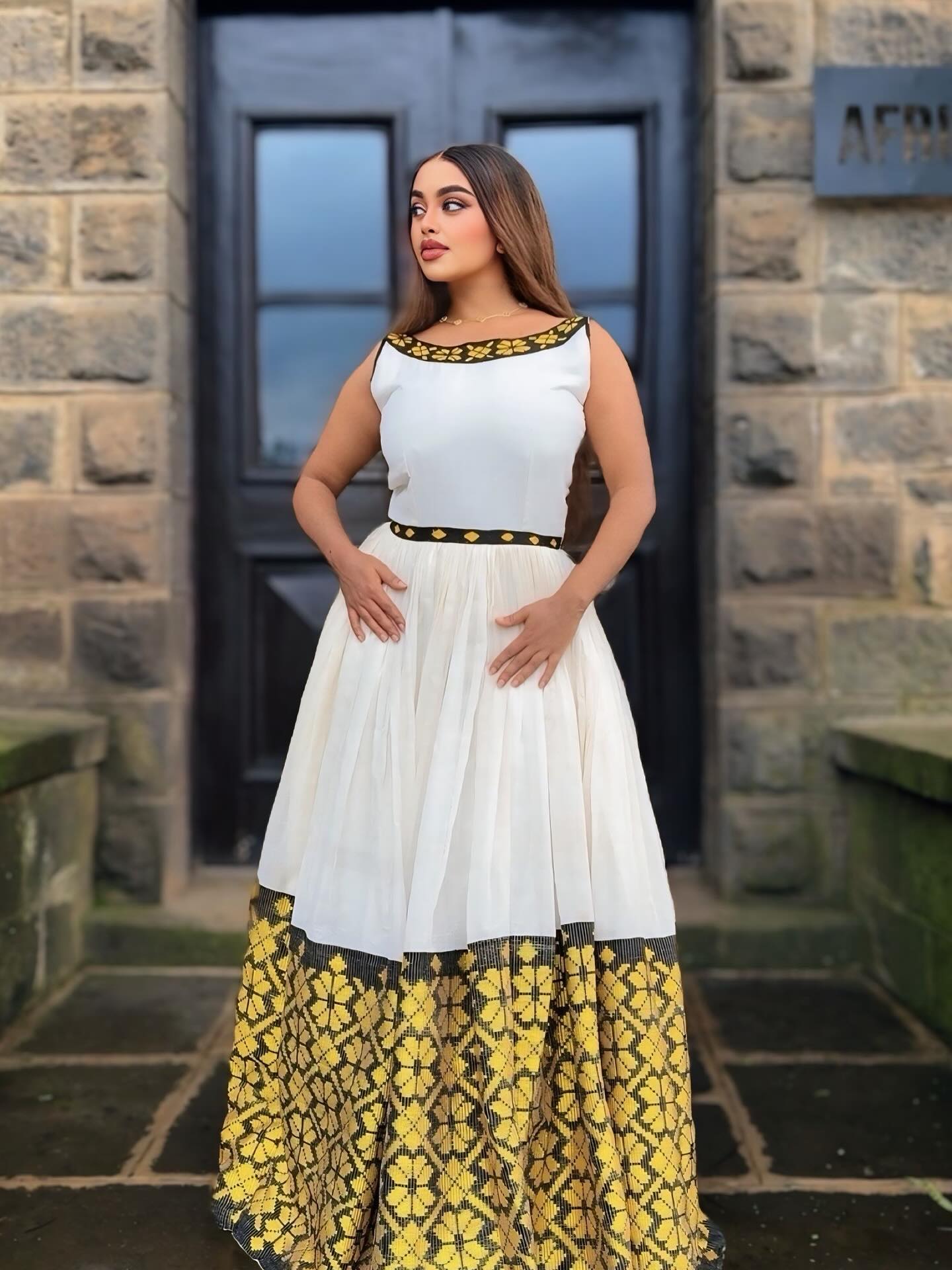 Modern Backless Habesha Dress Bold Yellow Pattern Ethiopian & Eritrean Clothing Stylish Habesha Kemis 130