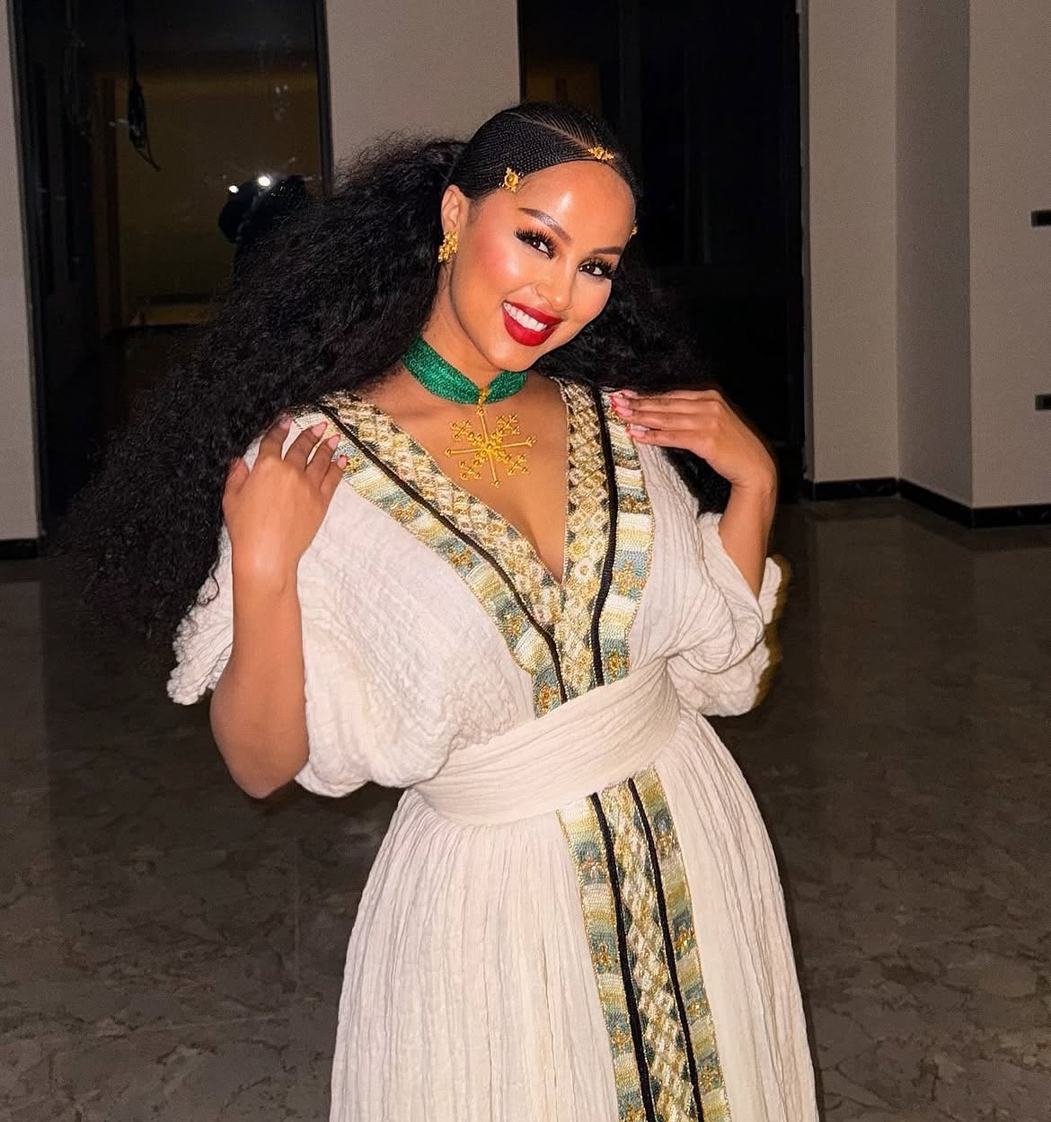 Elegant Habesha Kemis Green Tilet Detailing Habesha Dress Traditional Ethiopian & Eritrean Dress 133