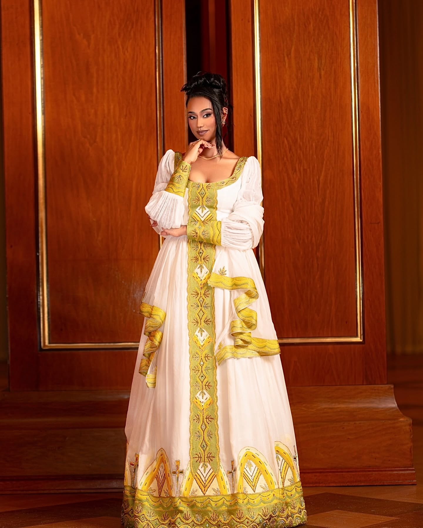 Elegant Ethiopian Traditional Dress Gold Embroidered Habesha Kemis