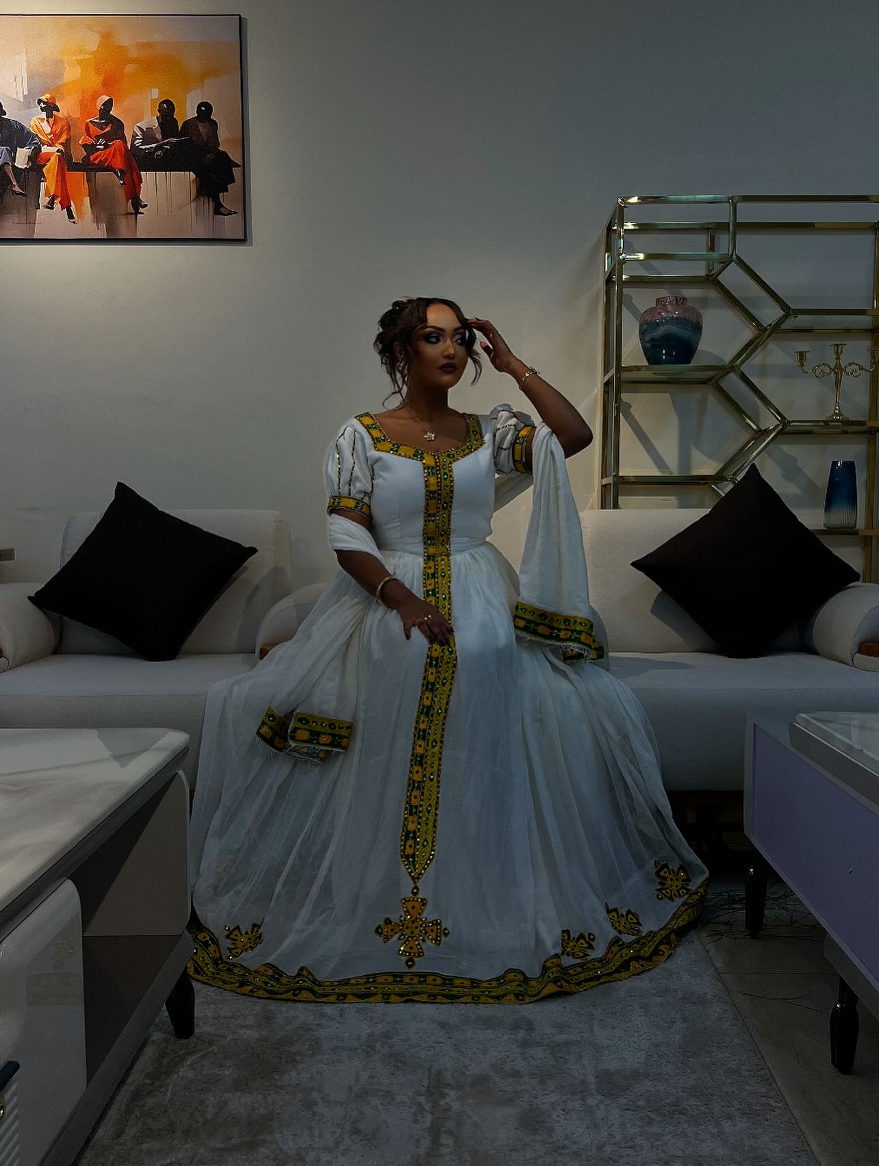 Traditional Ethiopian Dress Yellow Cross Embroidery Habesha Kemis Stunning Habesha Dress For festive 166