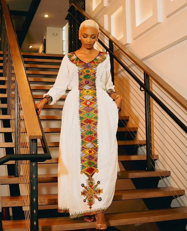 Long Local Dress Designers White Long-Sleeve Traditional Ethiopian Dress With Colorful Embroidery Design S Long Local Dress Designers White Long-Sleeve Traditional Ethiopian Dress With Colorful Embroidery Design S