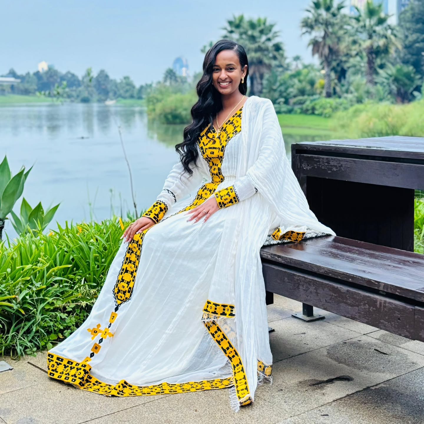 White And Yellow Traditional Ethiopian Dress Modern Embroidery Design Habesha Dress Handwoven Habesha Kemis 182