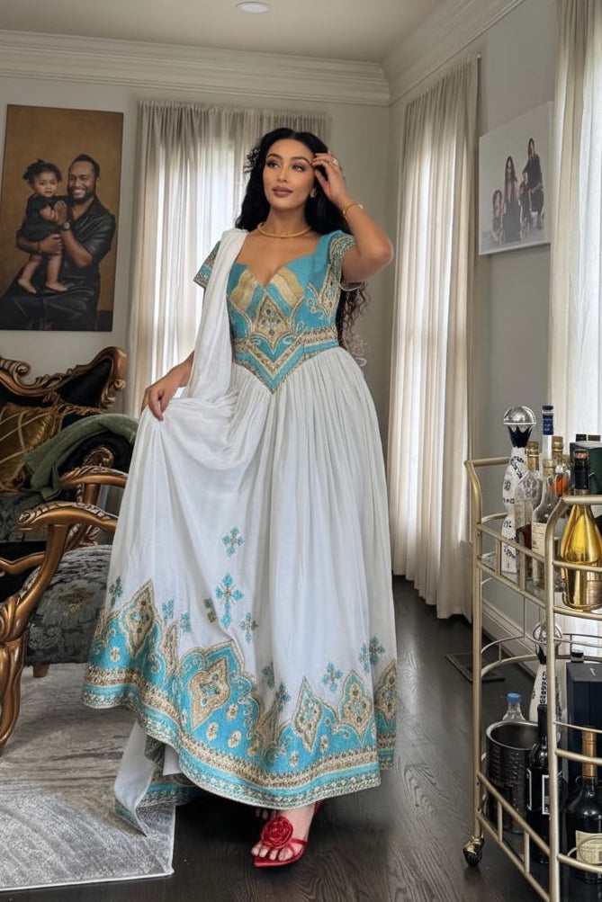 White and Turquoise Embroidery Habesha Kemis Elegant Habesha Dress Traditional Ethiopian Dress