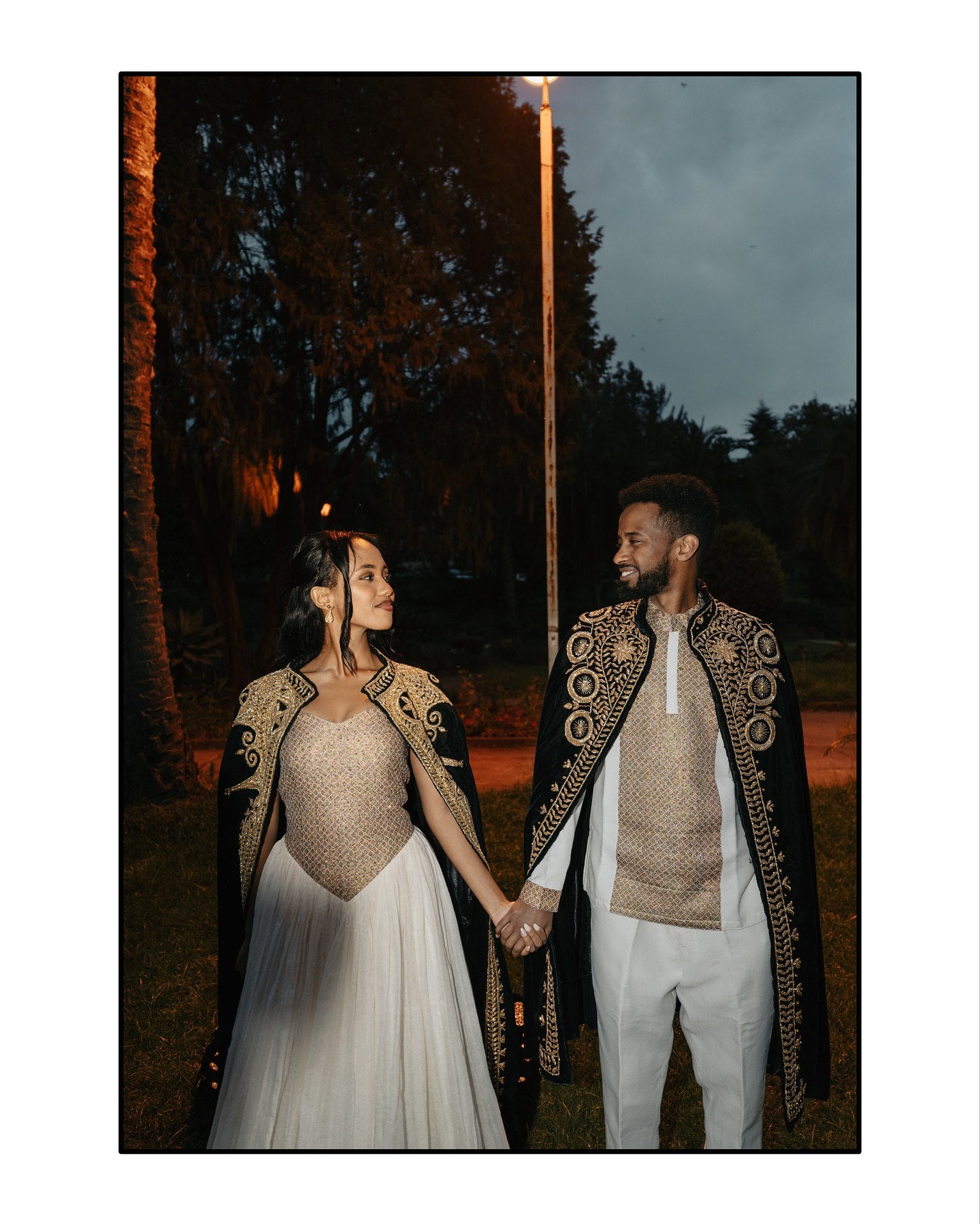 Ethiopian Couple Wear Coordinated Traditional Gold and White Attire Habesha Kemis And Men's Suit 183